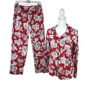 $228 BedHead Floral Print Long Sleeve Button Up Pajama Set Red Gray Rose Women M